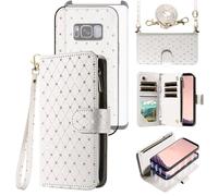 Asuwish Compatible with Samsung Galaxy S8 Plus Wallet Case Zipper Cell and Screen Protector Crossbody Strap Glitter Flip Card Holder Phone Cover for S8plus S 8 8plus 8S Edge S8+ SM-G955U Women White