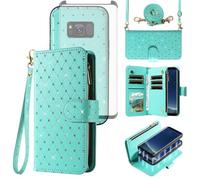 Asuwish Compatible with Samsung Galaxy S8 Wallet Case Zipper Cell and Tempered Glass Screen Protector Crossbody Lanyard Strap Glitter Flip Card Holder Phone Cover for S 8 8S Edge SM-G950U Women Green