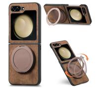 Asuwish Compatible with Samsung Galaxy Z Flip 6 5G 2024 Phone Case and With Ring Holder Stand Kickstand Metal 360° Rotatable Silicone Shockproof ZFlip6 Z6 G Flip6 6Z Cover for Women Men Brown