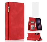 Asuwish Compatible with Sony Xperia 1 VII 5G 2025 Wallet Case Tempered Glass Screen Protector and Zipper Retro Leather Flip Cover Card Holder Stand Cell Accessories for 1VII XQ-FS54 PDX256 Red