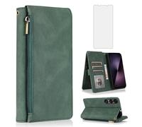 Asuwish Compatible with Sony Xperia 1 VII 5G 2025 Wallet Case Tempered Glass Screen Protector and Zipper Retro Leather Flip Cover Card Holder Stand Cell Accessories for 1VII XQ-FS54 PDX256 Green
