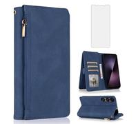 Asuwish Compatible with Sony Xperia 1 VII 5G 2025 Wallet Case Tempered Glass Screen Protector and Zipper Retro Leather Flip Cover Card Holder Stand Cell Accessories for 1VII XQ-FS54 PDX256 Blue