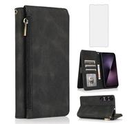 Asuwish Compatible with Sony Xperia 1 VII 5G 2025 Wallet Case Tempered Glass Screen Protector and Zipper Retro Leather Flip Cover Card Holder Stand Cell Accessories for 1VII XQ-FS54 PDX256 Black