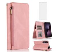 Asuwish Compatible with Sony Xperia 1 VII 5G 2025 Wallet Case Tempered Glass Screen Protector and Zipper Retro Leather Flip Cover Card Holder Stand Cell Accessories for 1VII XQ-FS54 PDX256 Rose Gold