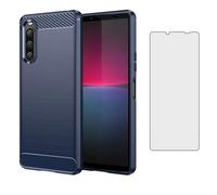 Asuwish Compatible with Sony Xperia 10 V Case and Tempered Glass Screen Protector with Shockproof Slim Silicone Wireless Charging Carbon Fiber Phone Cover for 10v Xperia10V Women Men Blue