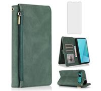 Asuwish Compatible with Sony Xperia 10 VII 2025 Wallet Case Screen Protector and Zipper Retro Leather Flip Cover Card Holder Stand Cell Accessories for 10VII 5G XQ-FE54 XQZ-CBFE Women Men Green