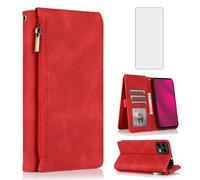 Asuwish Compatible with T-Mobile Revvl 8 Pro 5G Wallet Case Tempered Glass Screen Protector Zipper Retro Leather Flip Cover Card Holder Stand Cell Accessories for Tmobile TMRV08P5G Women Men Red