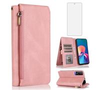 Asuwish Compatible with TCL 50 5G/TCL 50 XE NxtPaper 6.6" Wallet Case Tempered Glass Screen Protector Zipper Retro Leather Flip Cover Card Holder Stand Cell Accessories for 50XE TCL50 XE 5G Rose Gold