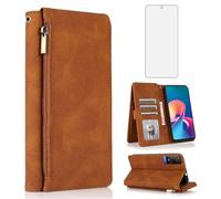 Asuwish Compatible with TCL 50 5G/TCL 50 XE NxtPaper 6.6" Wallet Case Tempered Glass Screen Protector Zipper Retro Leather Flip Cover Card Holder Stand Cell Accessories for 50XE TCL50 XE 5G Brown