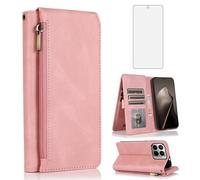 Asuwish Compatible with Xiaomi 15T Pro 5G / Mi 15T Pro Wallet Case Tempered Glass Screen Protector and Zipper Retro Leather Flip Cover Card Holder Stand Cell Accessories for 15TPro Women Men Rose Gold