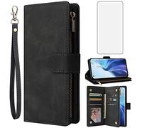 Asuwish Compatible with Xiaomi Mi 11 Lite 4G/5G Wallet Case Tempered Glass Screen Protector and Leather Flip Cover Card Holder Cell Accessories Phone Cases for Mi11Lite Mi11 11Lite G5 Women Men Black