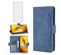 Asuwish Compatible with Xiaomi Poco X3 Pro/PocoX3 NFC/Poco X3 Wallet Case Tempered Glass Screen Protector Card Holder Credit ID Slot Phone Cover for Mi PocoX3NFC Pocco X 3 3X PocoX3Pro Women Men Blue