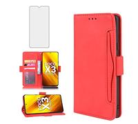 Asuwish Compatible with Xiaomi Poco X3 Pro/PocoX3 NFC/Poco X3 Wallet Case Tempered Glass Screen Protector Card Holder Credit ID Slot Phone Cover for Mi PocoX3NFC Pocco X 3 3X PocoX3Pro Women Men Red