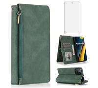 Asuwish Compatible with Xiaomi Poco X6 Pro 5G/Redmi K70E Wallet Case Tempered Glass Screen Protector Zipper Retro Leather Flip Cover Card Holder Stand Cell Accessories for PocoX6Pro Women Men Green