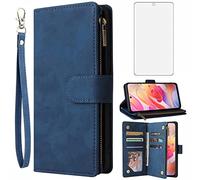 Asuwish Compatible with Xiaomi Redmi Note 10/10S 4G Wallet Case Tempered Glass Screen Protector and Flip Cover Card Holder Stand Cell Accessories Phone Cases for Redme Note10 S Note10S Women Men Blue