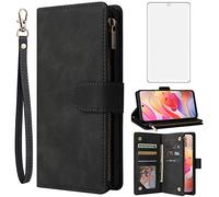 Asuwish Compatible with Xiaomi Redmi Note 10/10S 4G Wallet Case Tempered Glass Screen Protector and Flip Cover Card Holder Stand Cell Accessories Phone Cases for Redme Note10 S Note10S Women Men Black