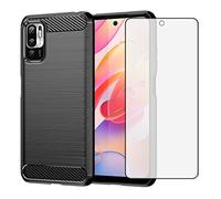 Asuwish Compatible with Xiaomi Redmi Note 10 5G Phone Case and Tempered Glass Screen Protector with Shockproof Carbon Fiber Cell Accessories Poco M3 Pro/Redme Note 10T G5 for Women Men Black