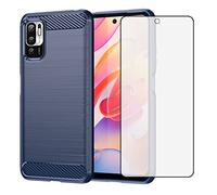 Asuwish Compatible with Xiaomi Redmi Note 10 5G Phone Case and Tempered Glass Screen Protector with Shockproof Carbon Fiber Cell Accessories Poco M3 Pro/Redme Note 10T G5 for Women Men Blue