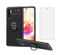 Asuwish Compatible with Xiaomi Redmi Note 10 5G Phone Case Tempered Glass Screen Protector With Ring Holder Stand Kickstand Silicone Magnetic Metal Poco M3 Pro/Redme Note 10T G5 Women Men Black