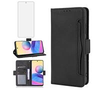 Asuwish Compatible with Xiaomi Redmi Note 10 5G Wallet Case Tempered Glass Screen Protector Card Holder Credit ID Slot Leather Flip Phone Cover for Poco M3 Pro/Redme Note 10T G5 Women Men Black