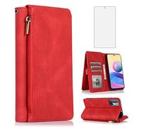 Asuwish Compatible with Xiaomi Redmi Note 10 5G Wallet Case Tempered Glass Screen Protector Zipper Leather Flip Cover Card Holder Stand Accessories for Poco M3 Pro/Redme Note 10T G5 Women Men Red