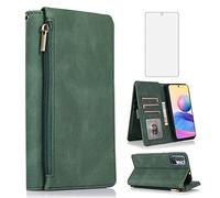 Asuwish Compatible with Xiaomi Redmi Note 10 5G Wallet Case Tempered Glass Screen Protector Zipper Leather Flip Cover Card Holder Stand Accessories for Poco M3 Pro/Redme Note 10T G5 Women Men Green