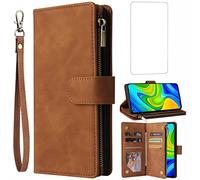 Asuwish Compatible with Xiaomi Redmi Note 9 / Redmi 10X 4G Wallet Case and Tempered Glass Screen Protector Leather Flip Cover Card Holder Cell Accessories Phone Cases for Redme Note9/X10 Women Brown