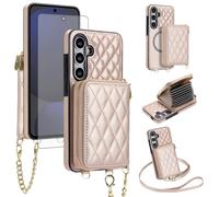 Asuwish Detachable Magnetic Wireless Charging Wallet Phone Case for Samsung Galaxy S24 FE 5G with Screen Protector Crossbody Strap RFID Blocking Card Holder S 24 EF AI S24FE 24S 24FE Women Rose Gold