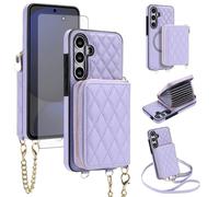 Asuwish Detachable Magnetic Wireless Charging Wallet Phone Case for Samsung Galaxy S24 FE 5G with Screen Protector Crossbody Strap RFID Blocking Card Holder Slot S 24 EF AI S24FE 24S 24FE Women Purple