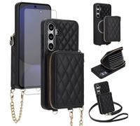 Asuwish Detachable Magnetic Wireless Charging Wallet Phone Case for Samsung Galaxy S24 FE 5G with Screen Protector Crossbody Strap RFID Blocking Card Holder S 24 EF AI S24FE 24S 24FE Women Girls Black