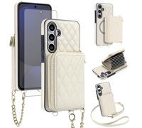 Asuwish Detachable Magnetic Wireless Charging Wallet Phone Case for Samsung Galaxy S24 FE 5G with Screen Protector Crossbody Strap RFID Blocking Card Holder S 24 EF AI S24FE 24S 24FE Women Girls Beige