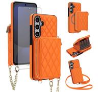 Asuwish Detachable Magnetic Wireless Charging Wallet Phone Case for Samsung Galaxy S24 FE 5G with Screen Protector Crossbody Strap RFID Blocking Card Holder Slot S 24 EF AI S24FE 24S 24FE Women Orange