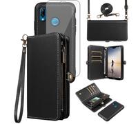 Asuwish Huawei P20 Lite Wallet Case with Tempered Glass and Card Holder Cord Magnetic Chain Leather Flip Case Cover Stand Hawaii P 20 P20lite 20P ANE-LX1 Nova 3E Phone Case Black