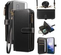 Asuwish Mobile Phone Case for OnePlus Nord 2 5G Case with Strap Film Protective Film Card Slot Foldable Leather Wallet Stand Nord2 DN2103 Mobile Phone Cases Protective Zip Wallet Phone Case Black