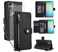 Asuwish Mobile Phone Case for Samsung Galaxy A06 5G Case with Screen Protector RFID Card Slot Foldable Leather Flowers Wallet Stand A 06 4G AO6 64GB SM-A065F A065F/DS Cases Protective Phone Case Black