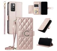 Asuwish Mobile Phone Case for Xiaomi Redmi 10 2022/2021 4G Case with Strap Film Protective Film Card Slot Foldable Leather Wallet Stand Redmi10 Prime Mobile Phone Cases Protective Phone Case Rose Gold