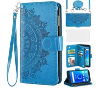 Asuwish Phone Case for Alcatel 1 2019 5033E/Alcatel1 2021 4G LTE Wallet Flip Cover with Screen Protector and Mandala Flower Card Holder Stand Cell Accessories Vodafone Smart E9 Women Girls Blue