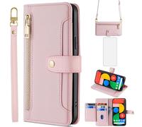Asuwish Phone Case for Google Pixel 5 Wallet Cover and Screen Protector Zipper Card Holder Slot Stand Lanyard Leather Magnetic Cell Accessories Protective Flip Pixel5 5G Pixle Five G5 Women Rose Gold