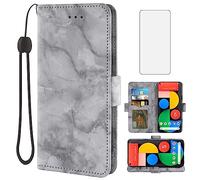 Asuwish Phone Case for Google Pixel 5 with Tempered Glass Screen Protector and Marble Wallet Cover Flip Card Holder Slot Stand Leather Mobile Cell Accessories Pixel5 5G Pixle Five G5 Women Men Black