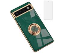 Asuwish Phone Case for Google Pixel 6A 5G 2022 and Ring Holder Kickstand with Tempered Glass Screen Protector Cover Slim Silicone Soft TPU Protective Cell Accessories Pixel6A A6 Pixle Women Men Green