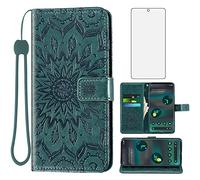 Asuwish Phone Case for Google Pixel 6A 5G 2022 Wallet Cases with Tempered Glass Screen Protector and Sunflower Leather Slim Flip Cover Card Holder Stand Cell Accessories Pixel6A Women Men Dark Green