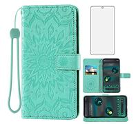 Asuwish Phone Case for Google Pixel 6A 5G 2022 Wallet Cases with Tempered Glass Screen Protector and Sunflower Leather Slim Flip Cover Card Holder Stand Cell Accessories Pixel6A Women Green