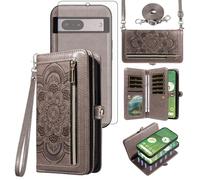Asuwish Phone Case for Google Pixel 7 5G Zipper Wallet Magnetic Detachable Cell Cover with Tempered Glass Screen Protector Crossbody Strap Mandala Flower Card Holder Pixel7 Pixle Seven 6.3 Women Grey