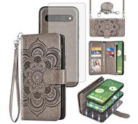 Asuwish Phone Case for Google Pixel 7 5G Zipper Wallet Magnetic Detachable Cell Cover with Tempered Glass Screen Protector Crossbody Lanyard Strap Flower Card Holder Pixel7 Pixle Seven 6.3 Women Grey