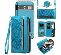 Asuwish Phone Case for Google Pixel 7 Pro 5G Zipper Wallet Detachable Cell Cover with Tempered Glass Screen Protector Crossbody Strap Flower Card Holder Pixel7Pro Pixel7 XL Seven 7Pro 6.7 Women Blue