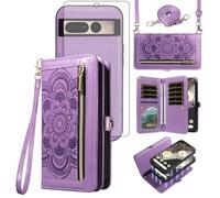Asuwish Phone Case for Google Pixel 7 Pro 5G Zipper Wallet Magnetic Cell Cover with Tempered Glass Screen Protector Crossbody Strap Flower Card Holder Pixel7Pro Pixel7 XL Seven 7Pro 6.7 Women Purple