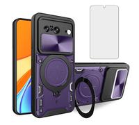 Asuwish Phone Case for Google Pixel 8 5G Slide Camera Magnetic Cover with Tempered Glass Screen Protector and Ring Holder Hard Slim Shockproof Hybrid Cell Accessories Pixel8 Eight Women Men Purple