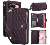 Asuwish Phone Case for Google Pixel 9/9 Pro 5G with Tempered Glass Screen Protector and Zipper Wallet Cover Card Holder Slot Stand Flip Wrist Strap Cell Accessories Pixel9 9Pro Nine Women Dark Purple
