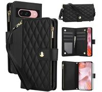 Asuwish Phone Case for Google Pixel 9/9 Pro 5G with Tempered Glass Screen Protector and Zipper Wallet Cover Card Holder Slot Stand Flip Wrist Strap Cell Accessories Pixel9 9Pro Nine Women Men Black