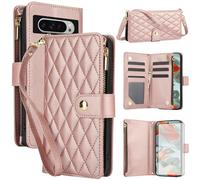 Asuwish Phone Case for Google Pixel 9 Pro XL with Tempered Glass Screen Protector and Zipper Wallet Cover Card Holder Slot Stand Flip Mobile Cell Accessories Pixel9 9Pro 9ProXL Nine Women Rose Gold